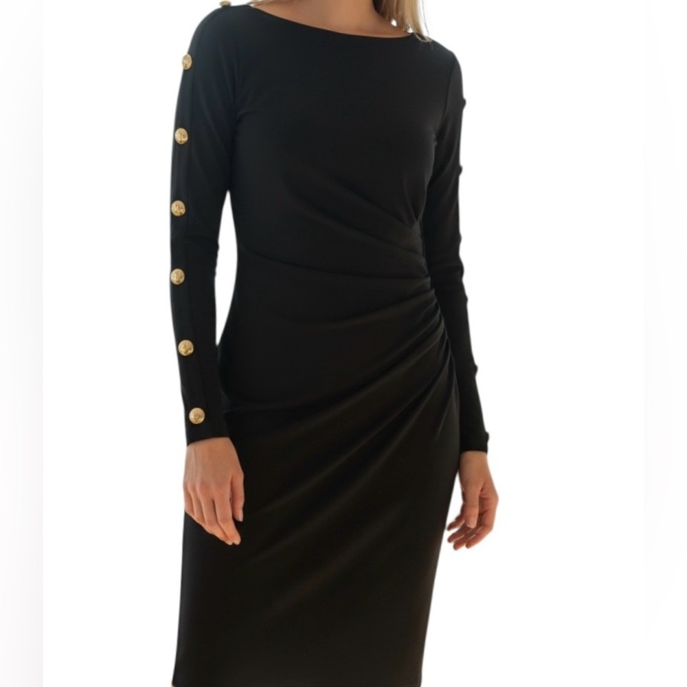 Lauren Ralph Lauren Slimming Blk Ruched Knee Lgth ButtonSleeve Detail Drees Sz 2 - Picture 2 of 10